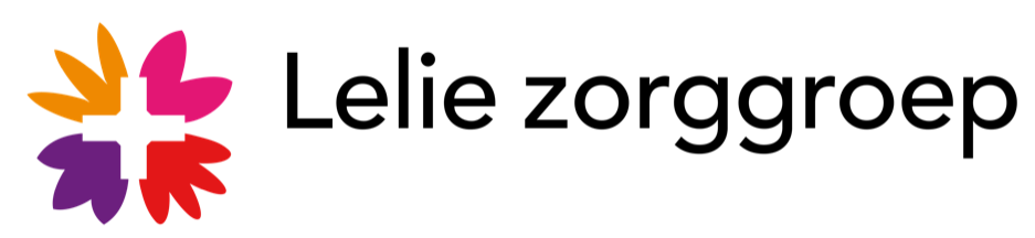 Logo van Lelie zorggroep met 4 gekleurde bladvormen en in het midden een kruis