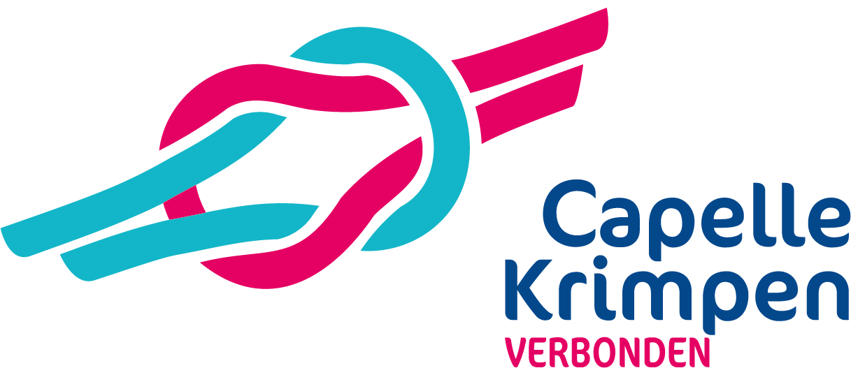 Logo van Capelle Krimpen: gestileerde handen in blauw en roze met de tekst 