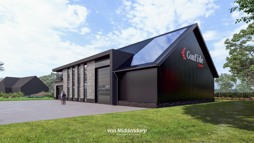 Confide_Bouw_nieuwbouw_bedrijfspand_impressie_vanmiddendorp_3 Confide Bouw nieuwbouw bedrijfspand schuinachter impressie vanmiddendorp