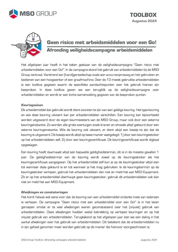 MSO Group Toolbox augustus 0    Afronding veiligheidscampagne arbeidsmiddelen