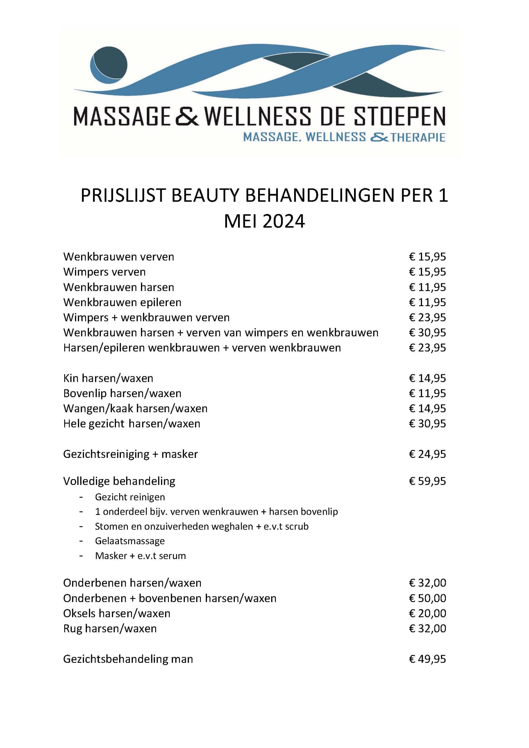 Tarieven Beautybehandelingen  mei 0