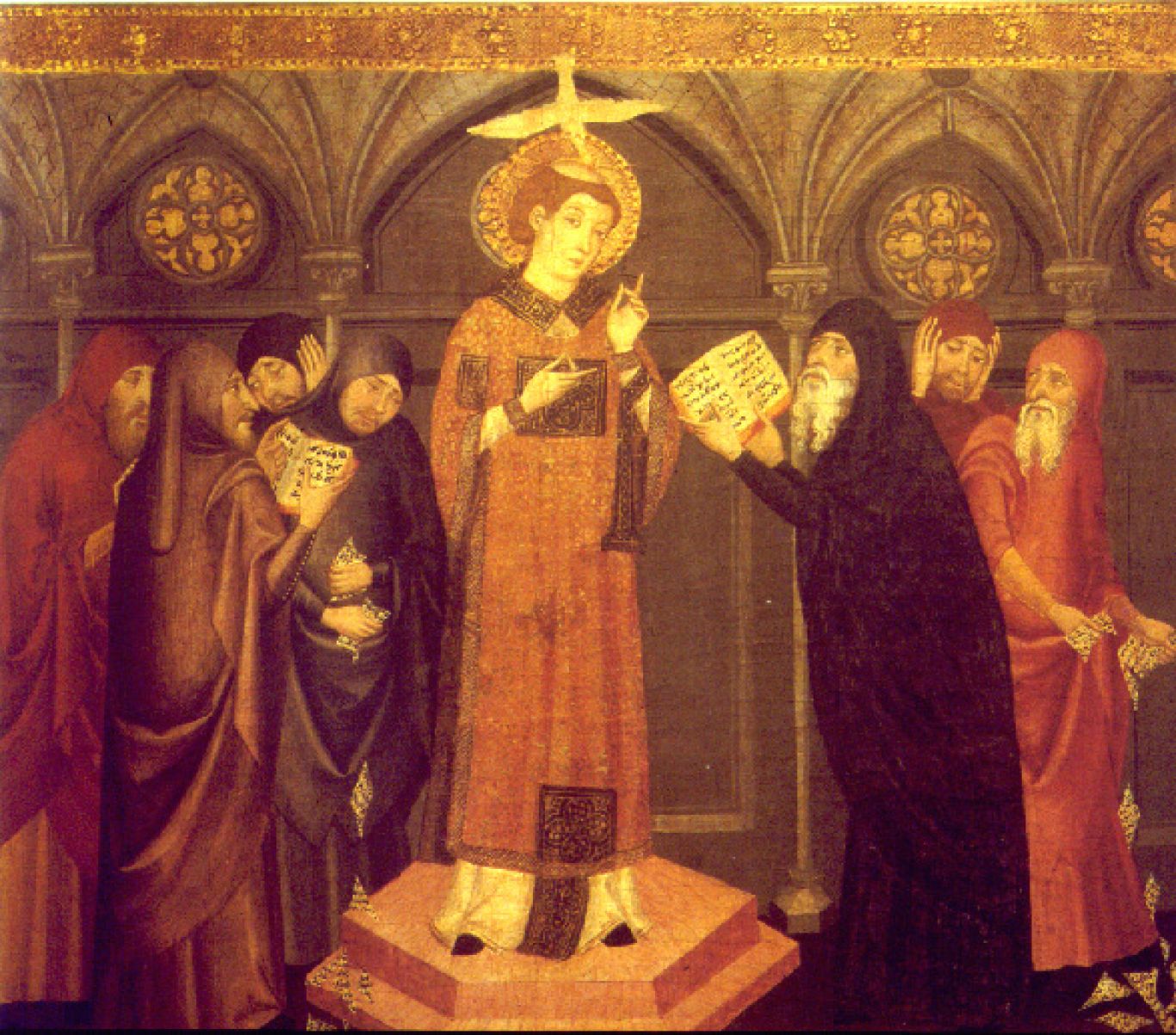 Dispuut v. Barcelona - Joden in synagoge luisteren naar de prediking van St. Stephen. 14e eeuws Catalonië.