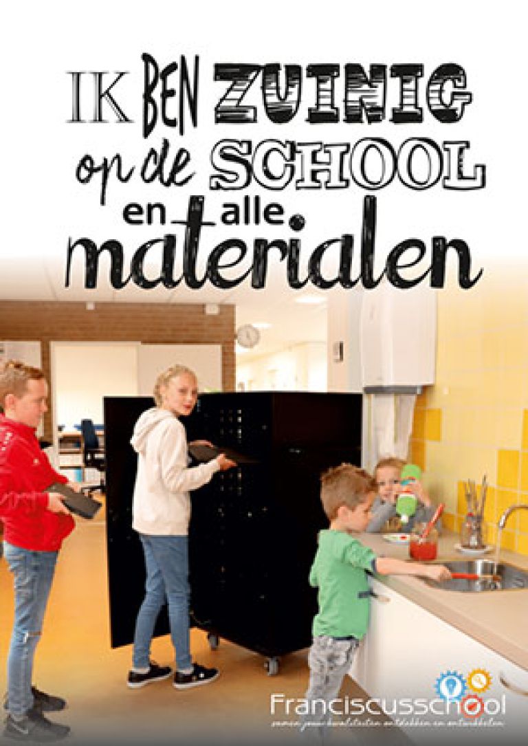 Ik ben zuinig op de school en alle materialen Kinderen bij de chromebookkast en twee kinderen maken hun kwasten schoon