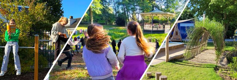 algemene informatie Kinderen die lezen op het klimrek en dansen bij de muziektent in het park. Kleine plein met veel groen