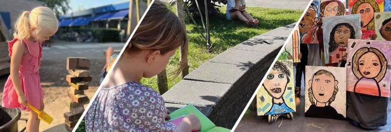 Adressen en documenten Meisje met schepje en stapel stenen, buitenlesarena, zelfportretten van kinderen gemaakt door de kinderen zelf