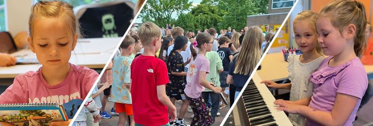 Ons onderwijs Kind die een taalles volgt, dansende kinderen op het plein en 2 kinderen die samen op een keyboard spelen