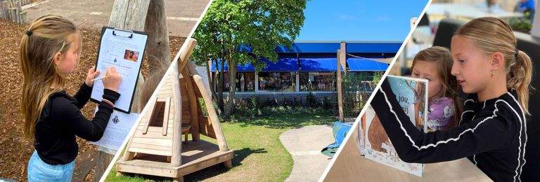 Organisatie en onderwijs Kind schrijft op een papier voor een zoektocht, kleine plein in de zon en een ouder kind dat voorleest aan een jonger kind