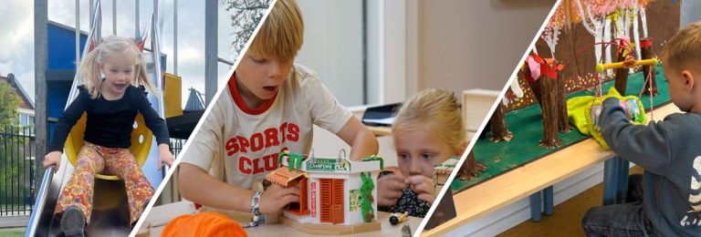 Ouderbetrokkenheid Meisje dat glijdt van de glijbaan, 2 kinderen spelen met playmobil en een jongetjes die speelt in het thema natuur