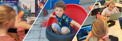 praktische informatie Meisje kijkt naar boeken, jongentje zit in een band en kinderen die werken op een chromebook