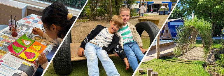 Regelingen en procedures Drieluik van een meisje dat schildert, 2 jongens aan het spelen op het schoolplein en een tunnel van wilgentakken