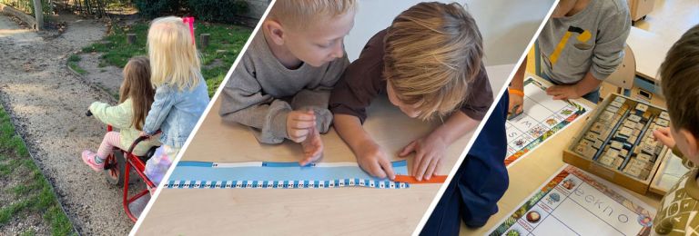 waar staat onze school voor Kinderen die spelen met een fiets, die aan het meten zijn en stempelen