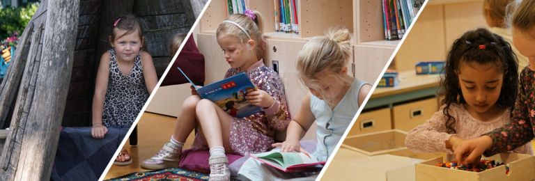Zorgleerlingen Kinderen die spelen in een houten hut, kinderen die zitten te lezen en kinderen die een kralenplank maken