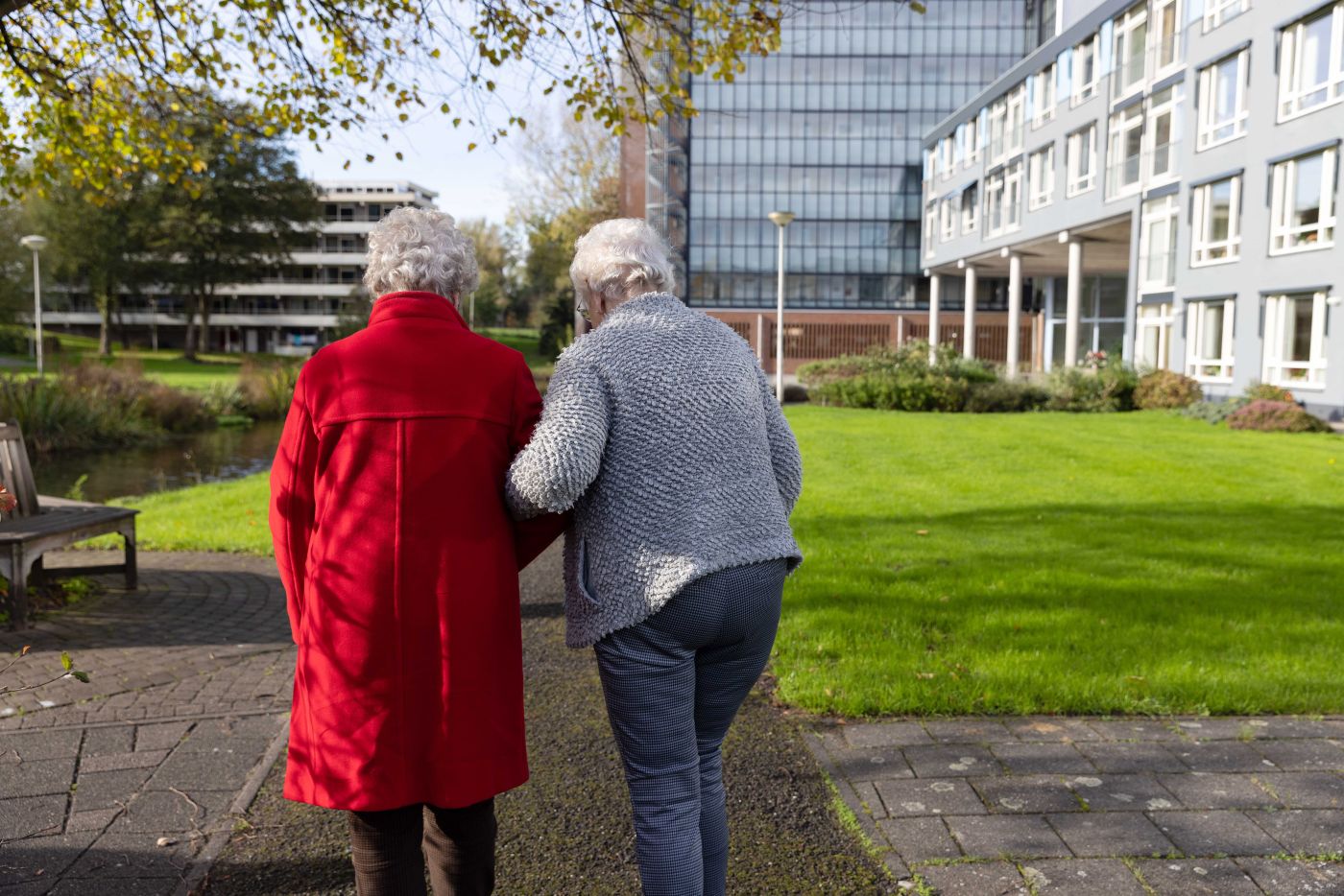 Cliënt en mantelzorger lopen buiten arm in arm Twee oude vrouwen lopen arm in arm in een groen park