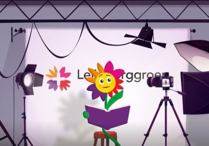 Icoontje van bloem met boek wordt geinterviewd met camera's Icoontje van bloem met boek wordt geinterviewd met camera's