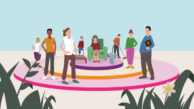 Illustratie van oude mevrouw op stoel omringt door sociaal netwerk, zorg en digitale hulpmiddelen Illustratie van oude mevrouw op stoel omringt door sociaal netwerk, zorg en digitale hulpmiddelen