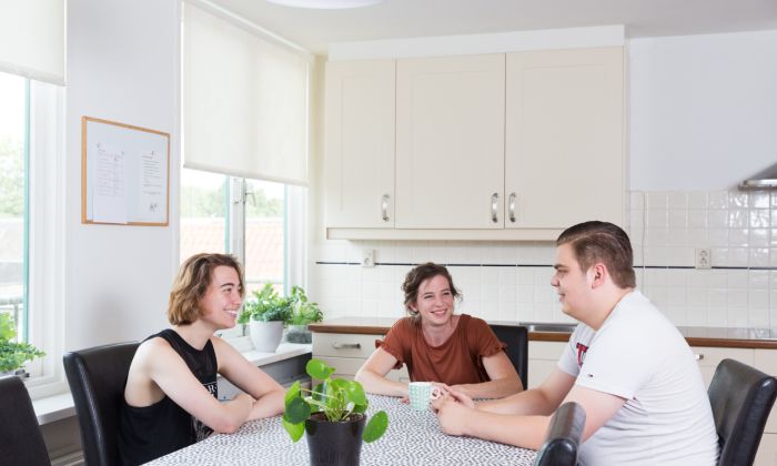 Jongeren hulpverlener in gesprek De Reling Twee jongeren en vrouwelijke hulpverlener zitten aan tafel en zijn in samen gesprek