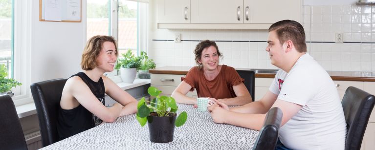 Jongeren hulpverlener in gesprek De Reling Twee jongeren en vrouwelijke hulpverlener zitten aan tafel en zijn in samen gesprek